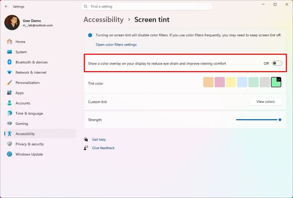 Accessibility settings showing Screen Tint options and a toggle to enable or disable the feature