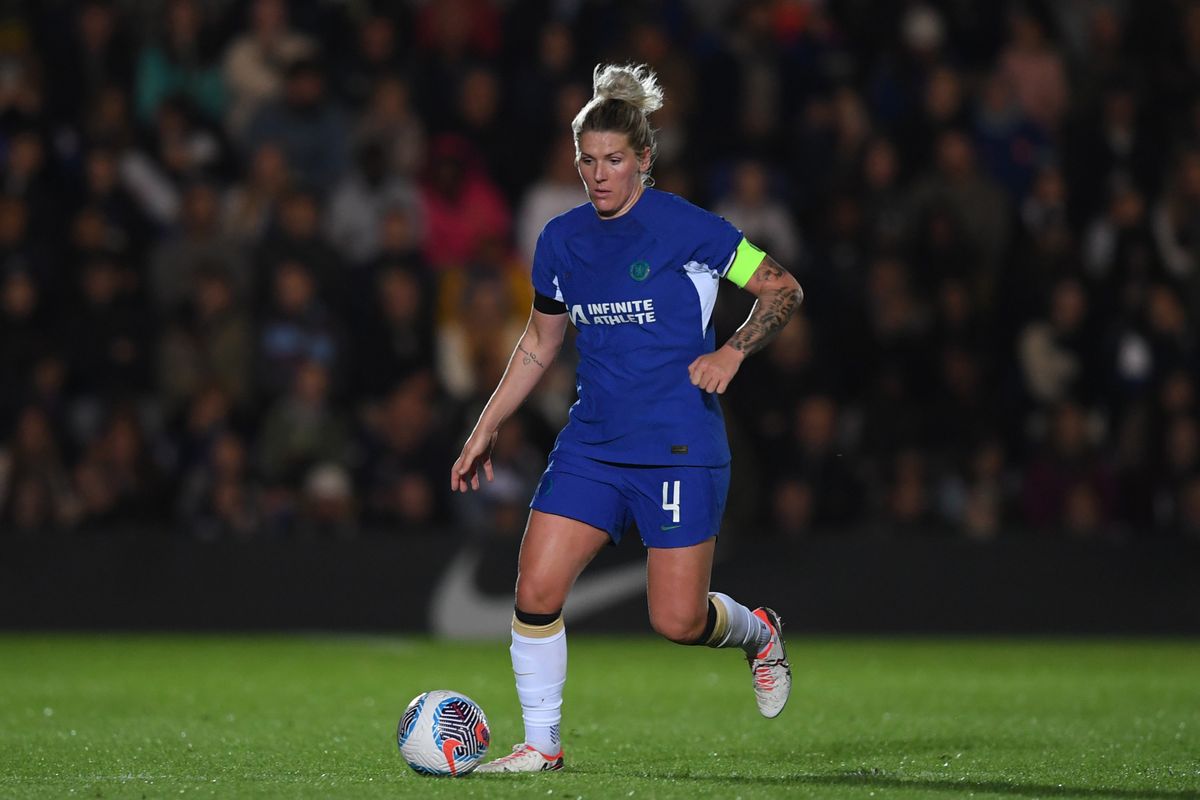 Millie Bright of Chelsea in action during the Barclays Women´s Super League match between Chelsea FC and West Ham United at Kingsmeadow on October 14, 2023 in Kingston upon Thames, England