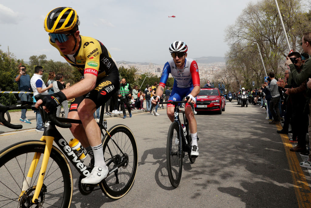 BARCELONA SPAIN MARCH 27 LR Steven Kruijswijk of Netherlands and Team Jumbo Visma and Quentin Pacher of France and Team Groupama FDJ climbing the Alt del Castell de Montjuc during the 101st Volta Ciclista a Catalunya 2022 Stage 7 a 1387km stage from Barcelona to Barcelona VoltaCatalunya101 WorldTour on March 27 2022 in Barcelona Spain Photo by Gonzalo Arroyo MorenoGetty Images