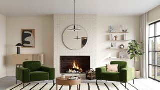 neutral living room with open fire