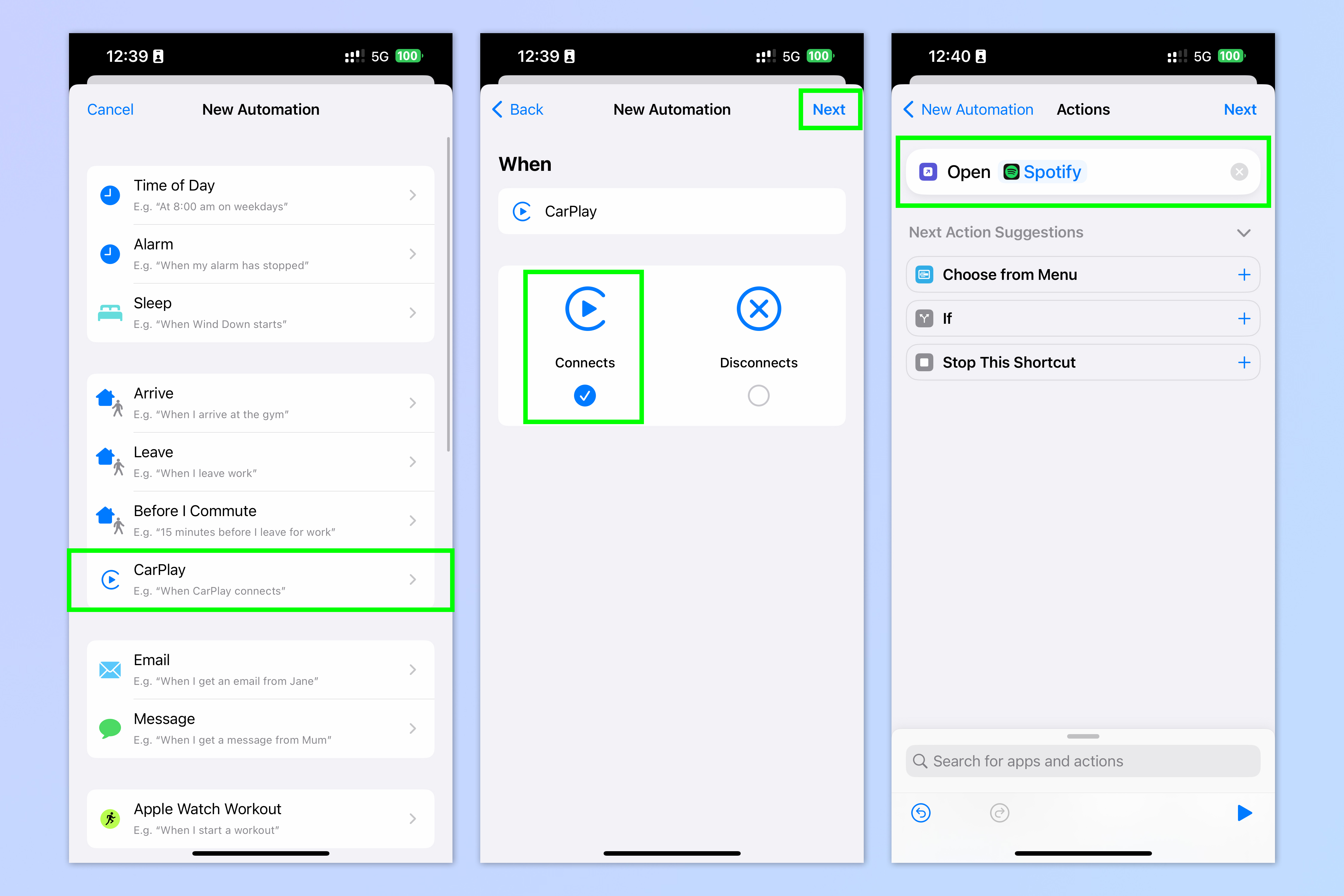 Una captura de pantalla que muestra los pasos necesarios para automatizar Apple CarPlay usando un acceso directo de iOS