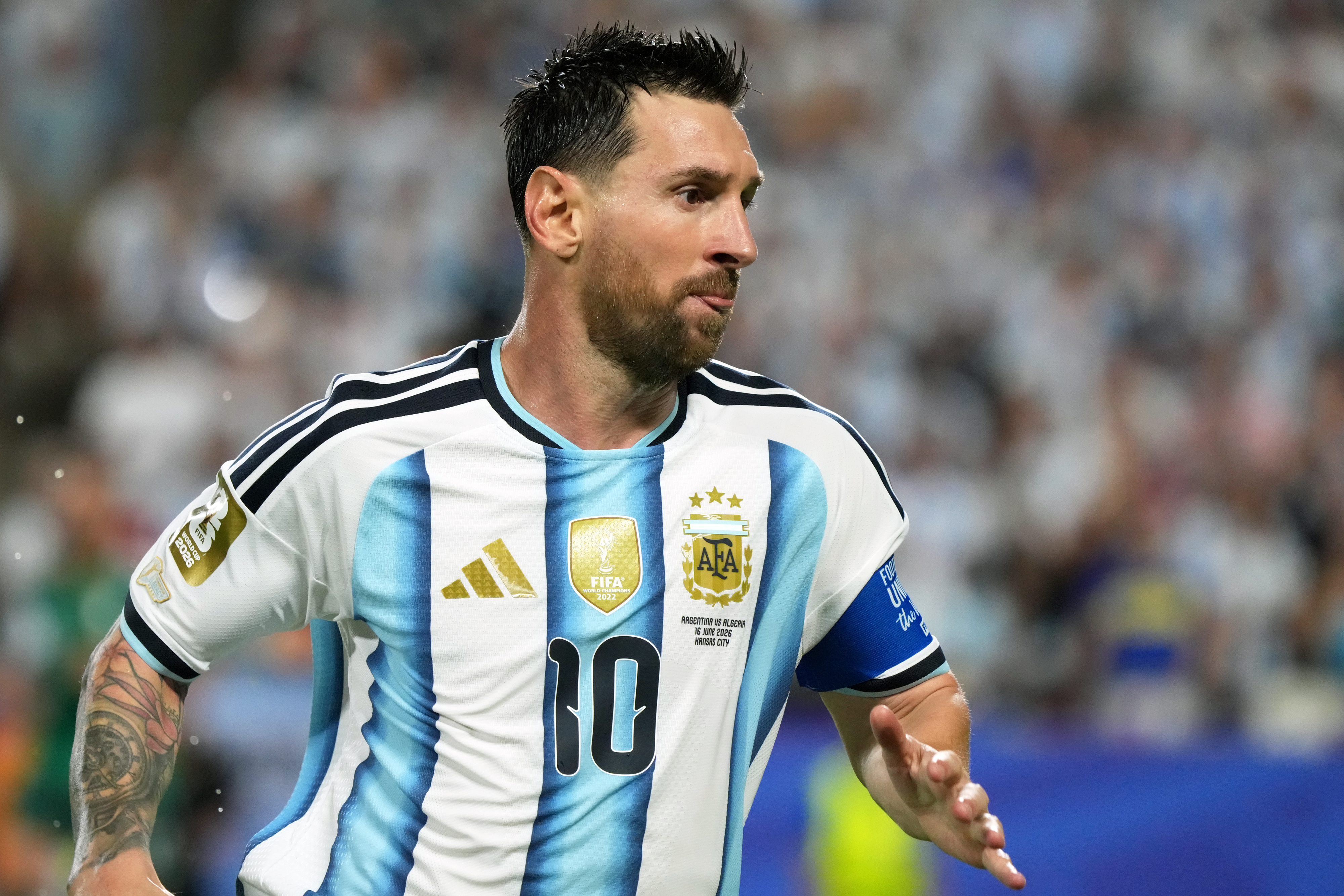 KANSAS CITY, MISSOURI - JUNE 16: Lionel Messi #10 of Argentina looks on during the FIFA World Cup 2026 Group J match between Argentina and Algeria at Kansas City Stadium