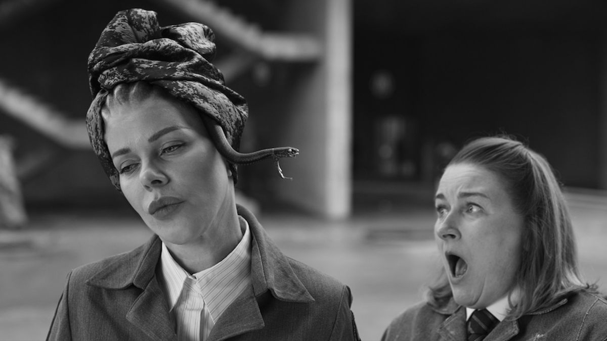 A snake pokes out from under a woman&#039;s head scarf 