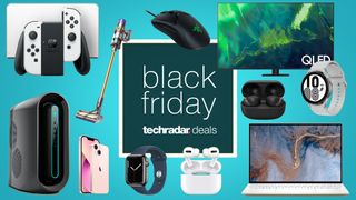 Black Friday deals text surrounded by products including a cordless vacuum, apple watch, laptop and more