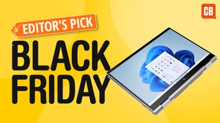 An HP Envy x360 laptop on a yellow background next to the text Editor's Pick: Black Friday