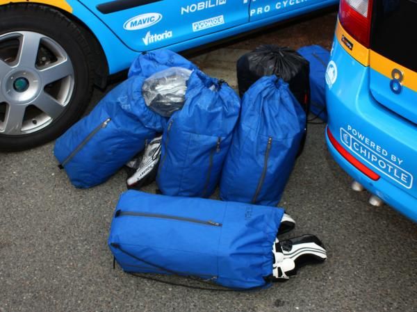 Team soigneurs are busy early in the day, too, with each rider having their own bag of personal stuff for the day.