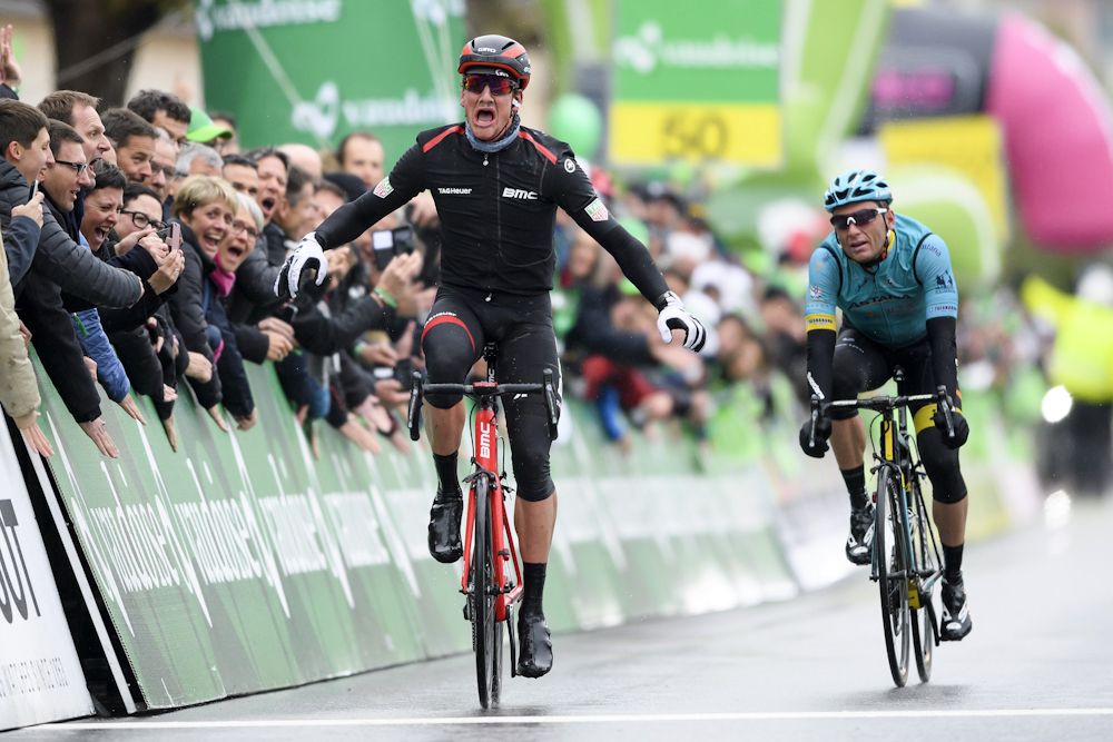 Stefan K&uuml;ng (BMC Racing) wins stage 2 at Tour de Romandie ahead of Astana's Andrey Grivko