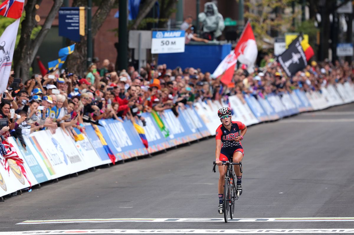 There was a subdued celebration from Chloe Dygert as she did the double in the junior women's time trial and road race