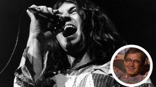Deep Purple’s Ian Gillan singing onstage in 1971 with an inset of promoter Claude Nobs