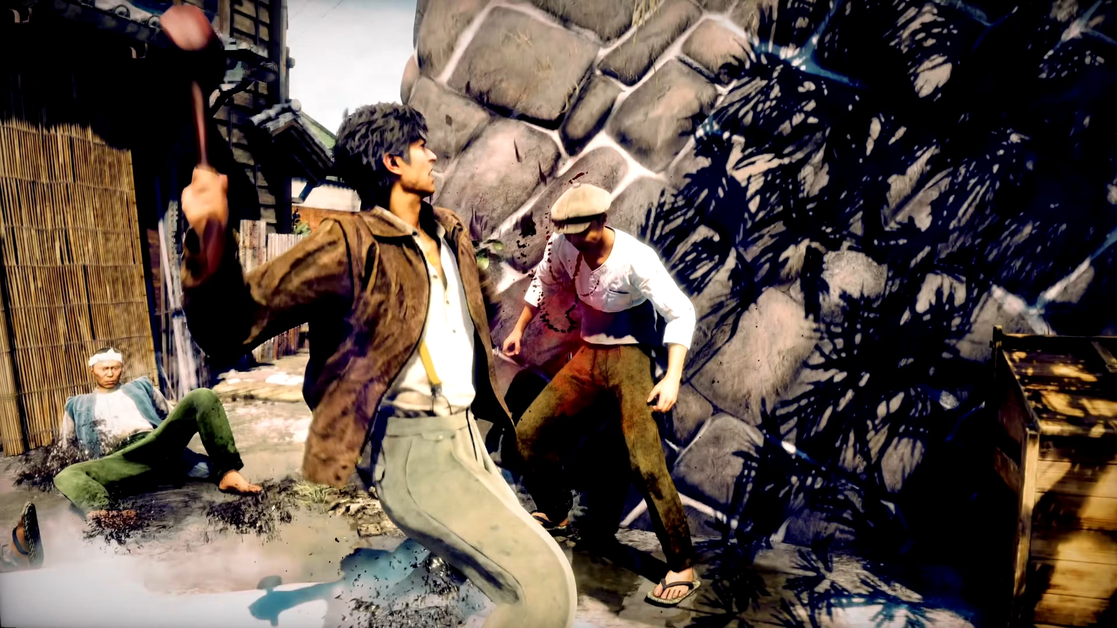 Stranger Than Heaven - Makoto wields a wooden hammer to attack a street thug on the streets of Kokura