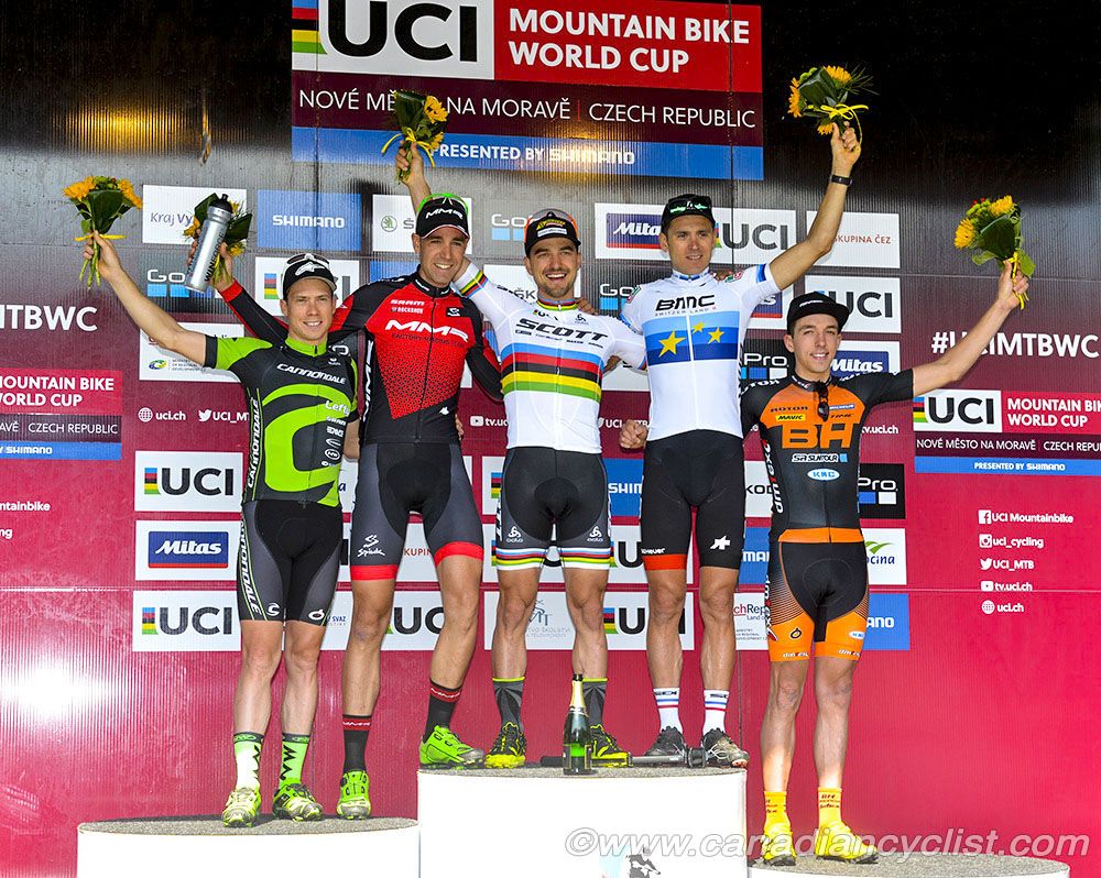 Elite Men's podium - L to r: Maxime Marotte, David Valero Serrano, Nino Schurter, Julien Absalon, Jordan Sarrou