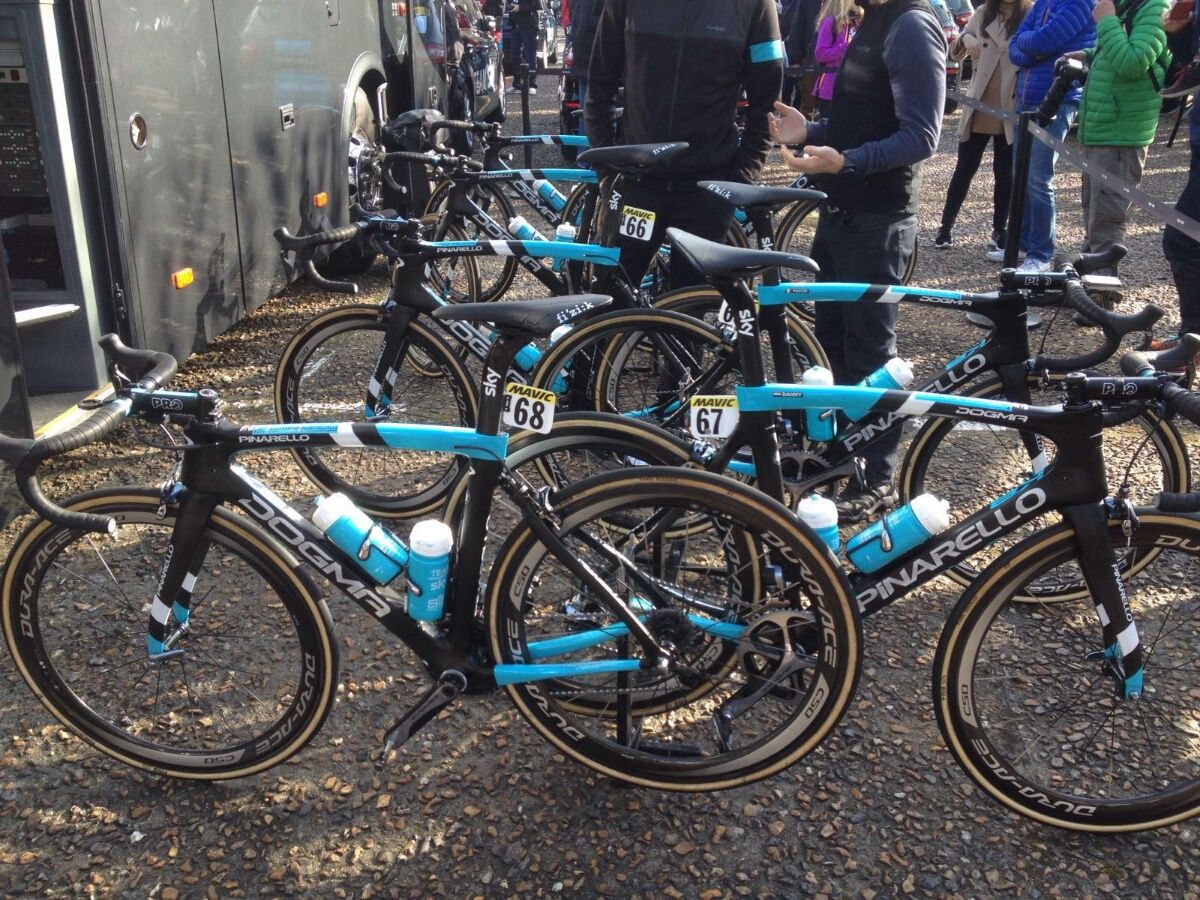 Primed and ready, Team Sky's bikes outside the team bus
