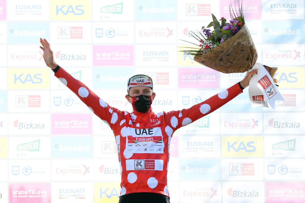 ERMUALDE LAUDIO SPAIN APRIL 07 Podium Tadej Pogacar of Slovenia and UAE Team Emirates Polka Dot Mountain Jersey Celebration during the 60th ItzuliaVuelta Ciclista Pais Vasco 2021 Stage 3 a 1677km stage from Amurrio to Ermualde Laudio 481m Mask Covid safety measures itzulia ehitzulia on April 07 2021 in Ermualde Laudio Spain Photo by David RamosGetty Images