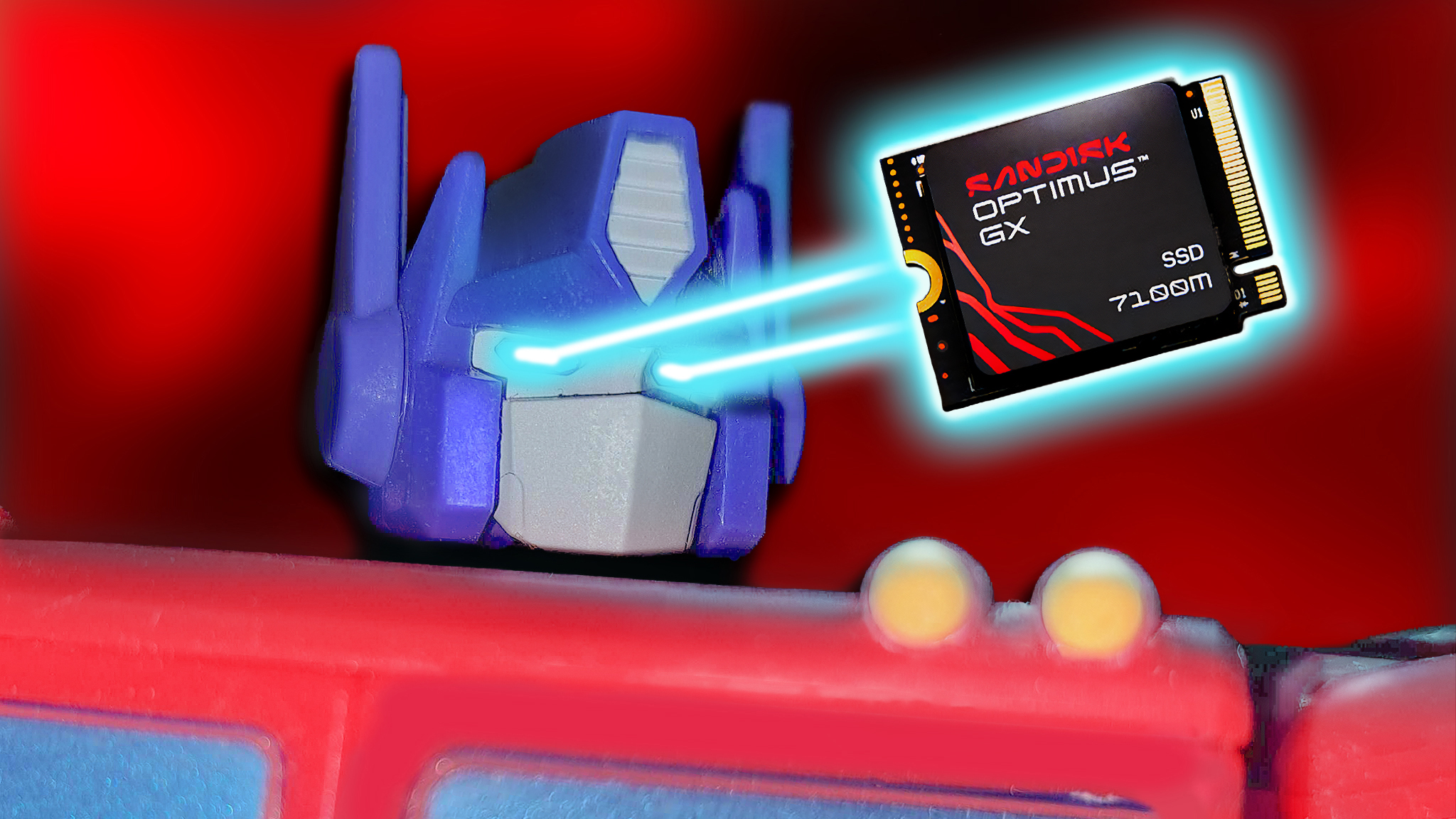 An Optimus Prime figuring shooting blue lasers from its eyes at a SanDisk Optimus GX SSD floating in the air near its head.