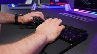 Typing on the ROG Falcata at Computex 2025