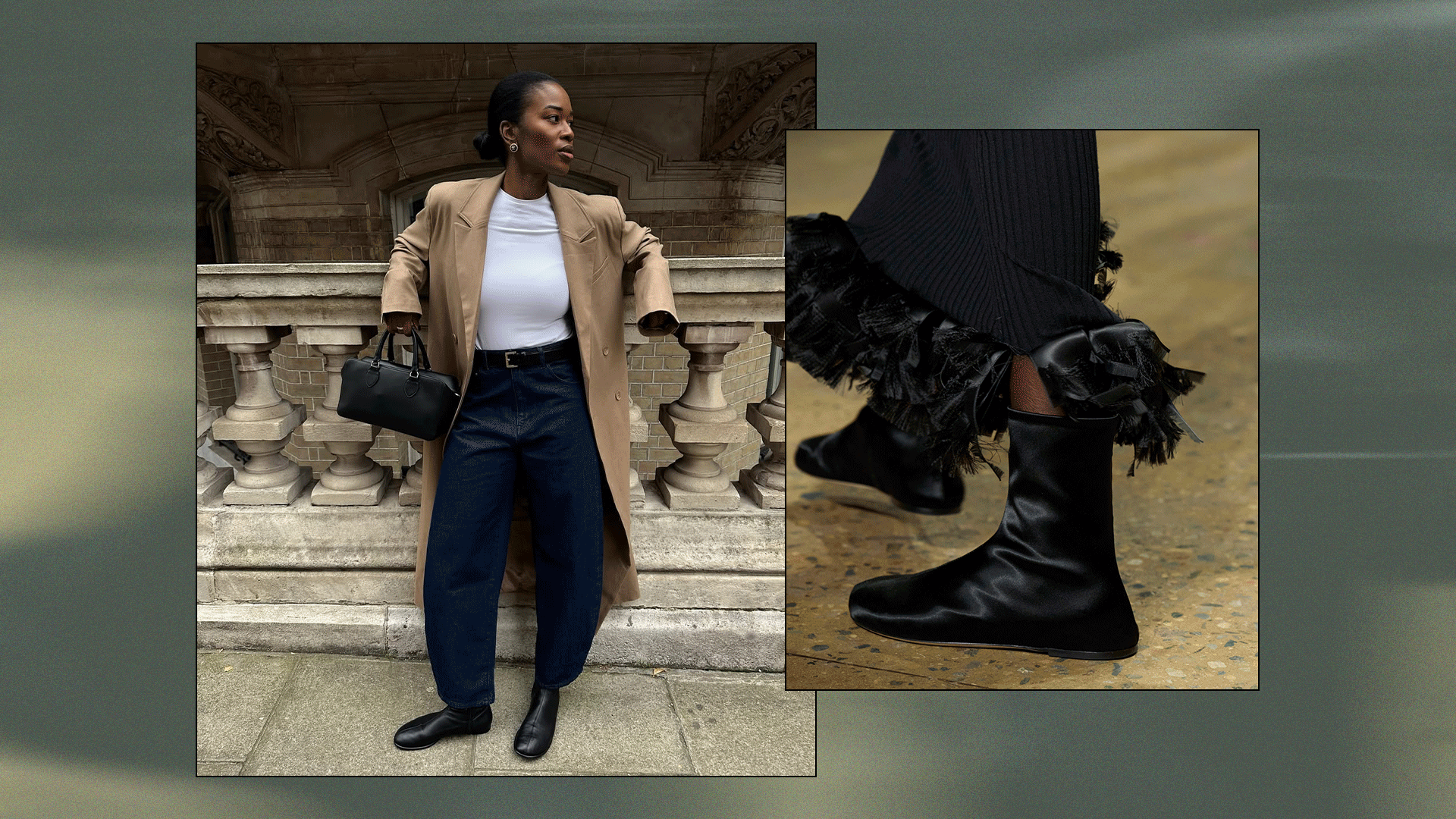 a collage of influencer and runway images featuring flat socks boots