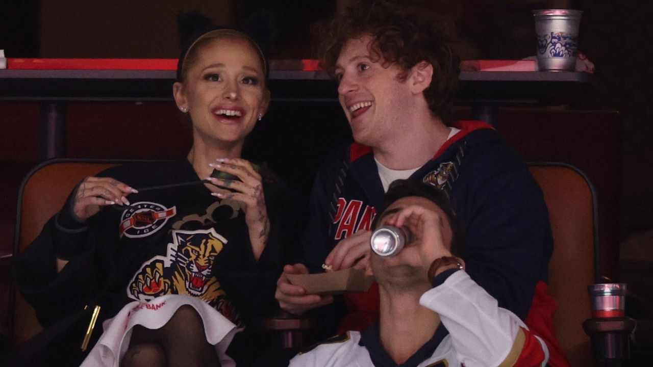 Ariana Grande and Ethan Slater at the Stanley Cup final in Sunrise, Florida on Saturday, June 8, 2024