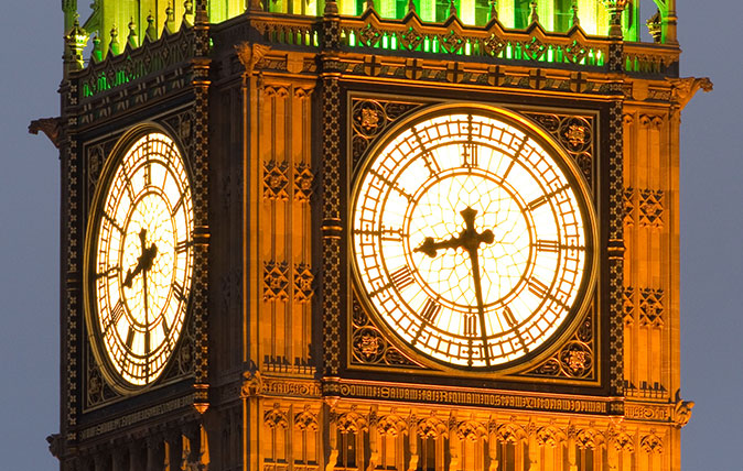 Clock face of Big Ben at the Houses of Parliament