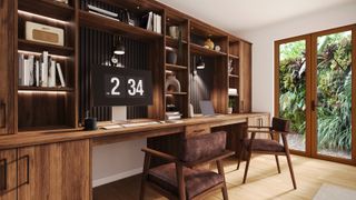 built in home office furniture in walnut with two desk areas, lighting set into various locations in unit, large wooden framed patio doors to one side and light wooden flooring