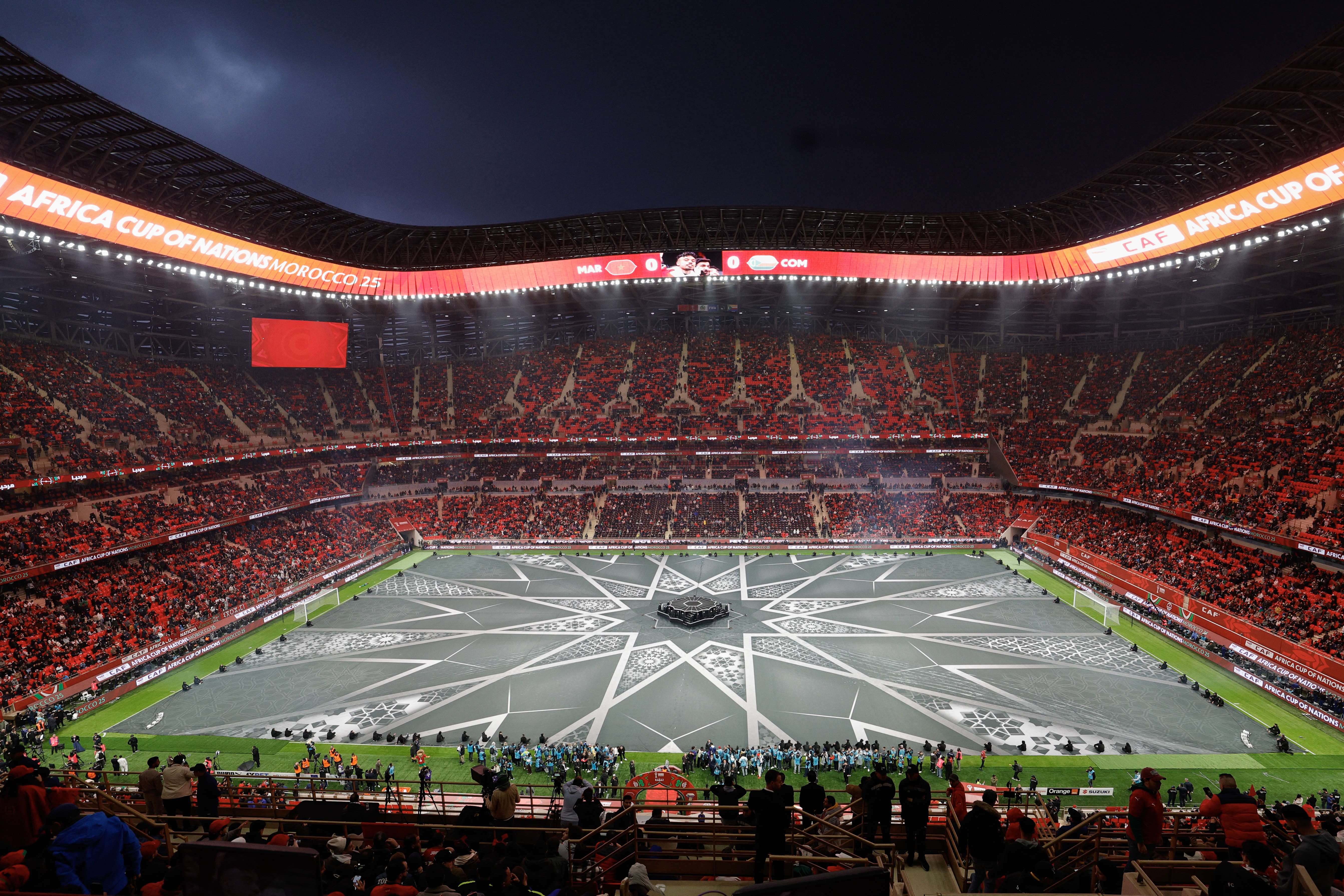 General view ahead of the opening ceremony of the Africa Cup of Nations (CAN), prior to the Group A football match between Morocco and Comoros at Prince Moulay Abdellah Stadium in Rabat on December 21, 2025. (Photo by Abdel Majid BZIOUAT / AFP)