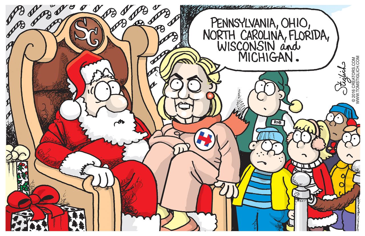 Political cartoon U.S. Hillary Clinton Santa Claus wish list