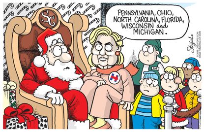 Political cartoon U.S. Hillary Clinton Santa Claus wish list