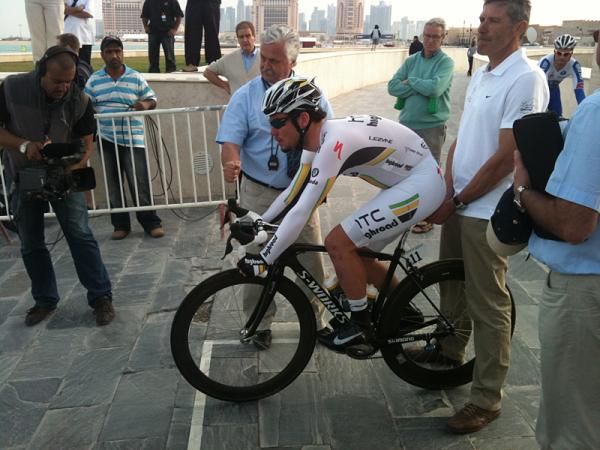 Mark Cavendish (HTC-Highroad) at the start of his disastrous prologue