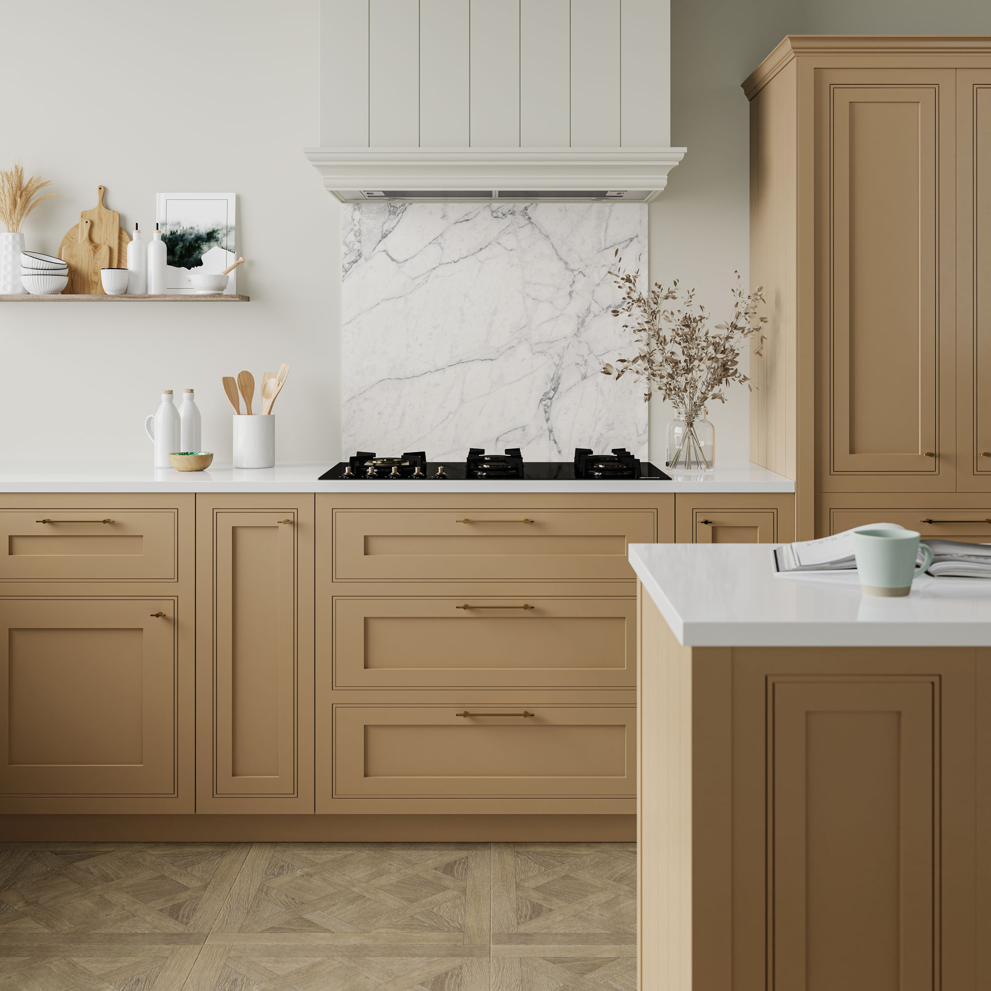 Beige kitchen with wood-effect floor and marble splashback