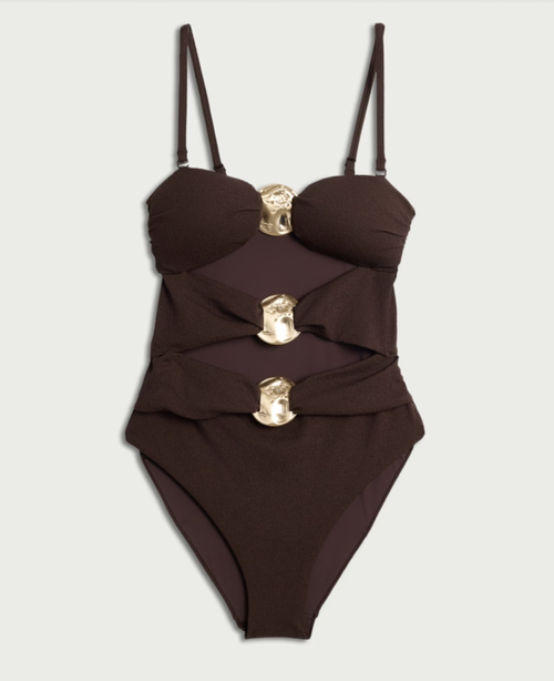 Cut Out Metal Bandeau Swimsuit in Brown