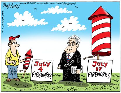 Political Cartoon U.S. July 4th Fireworks Mueller Report Testimony