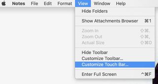 Selecting customize touch bar from the menu bar