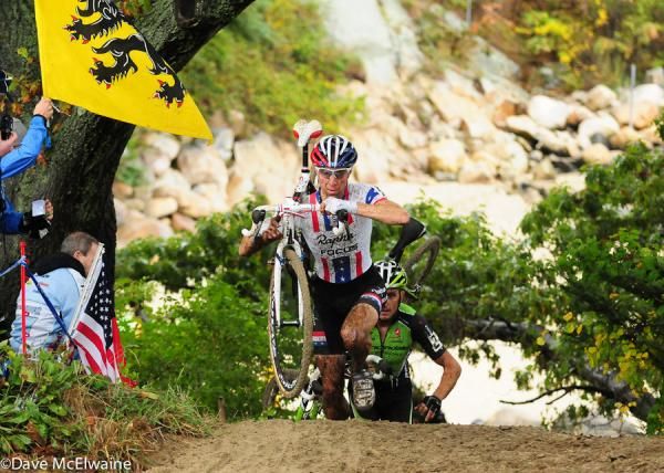 Jeremy Powers (Rapha Focus) cresting some stairs ahead of Trebon