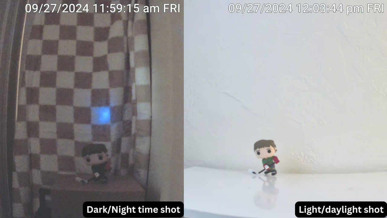 A split image showing footage from the Reolink Altas PT Ultra in dark and light test settings