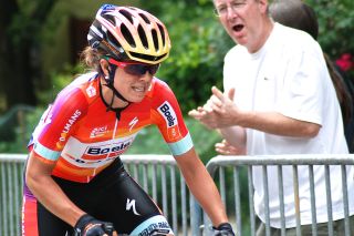 Evelyn Stevens (Boels Dolmans) pushes the pace at the start of the bell lap