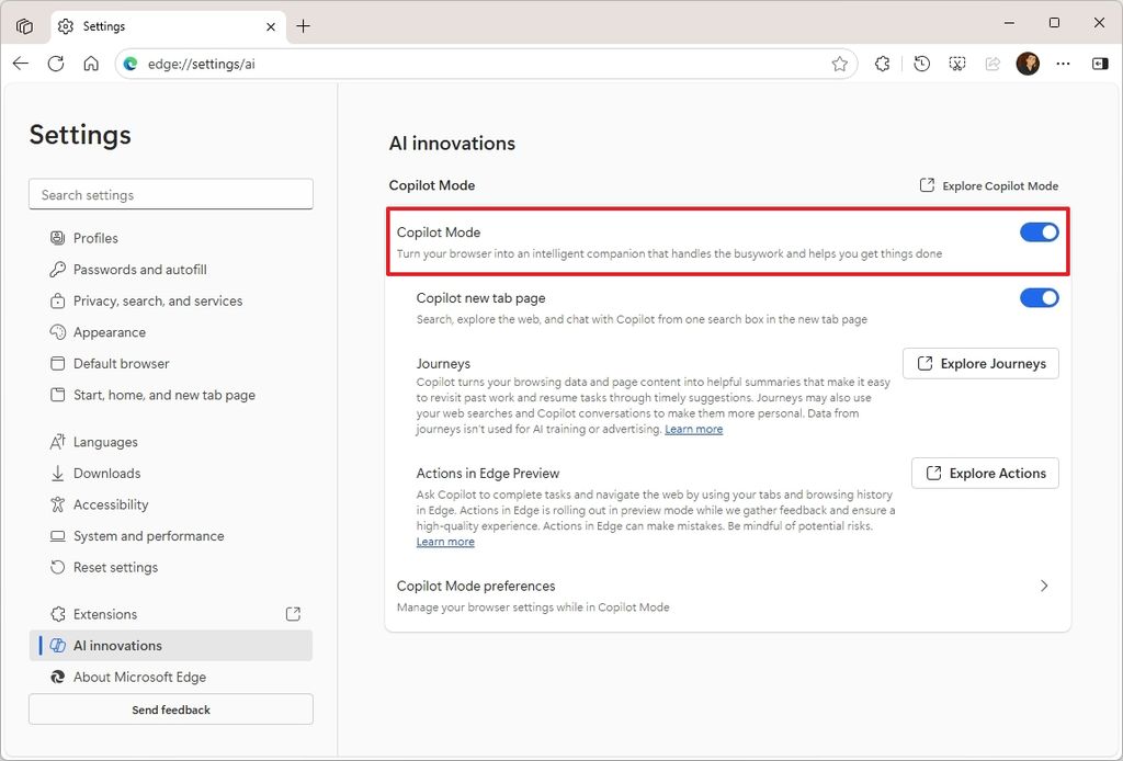 Microsoft Edge enable Copilot Mode