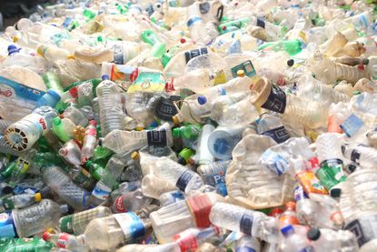 Plastic bottles are seen in a recycle factory