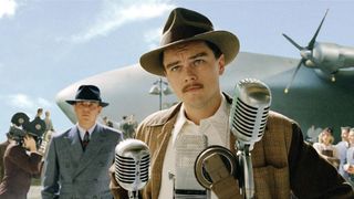 Leonardo DiCaprio's Howard Hughes talks to the press in The Aviator