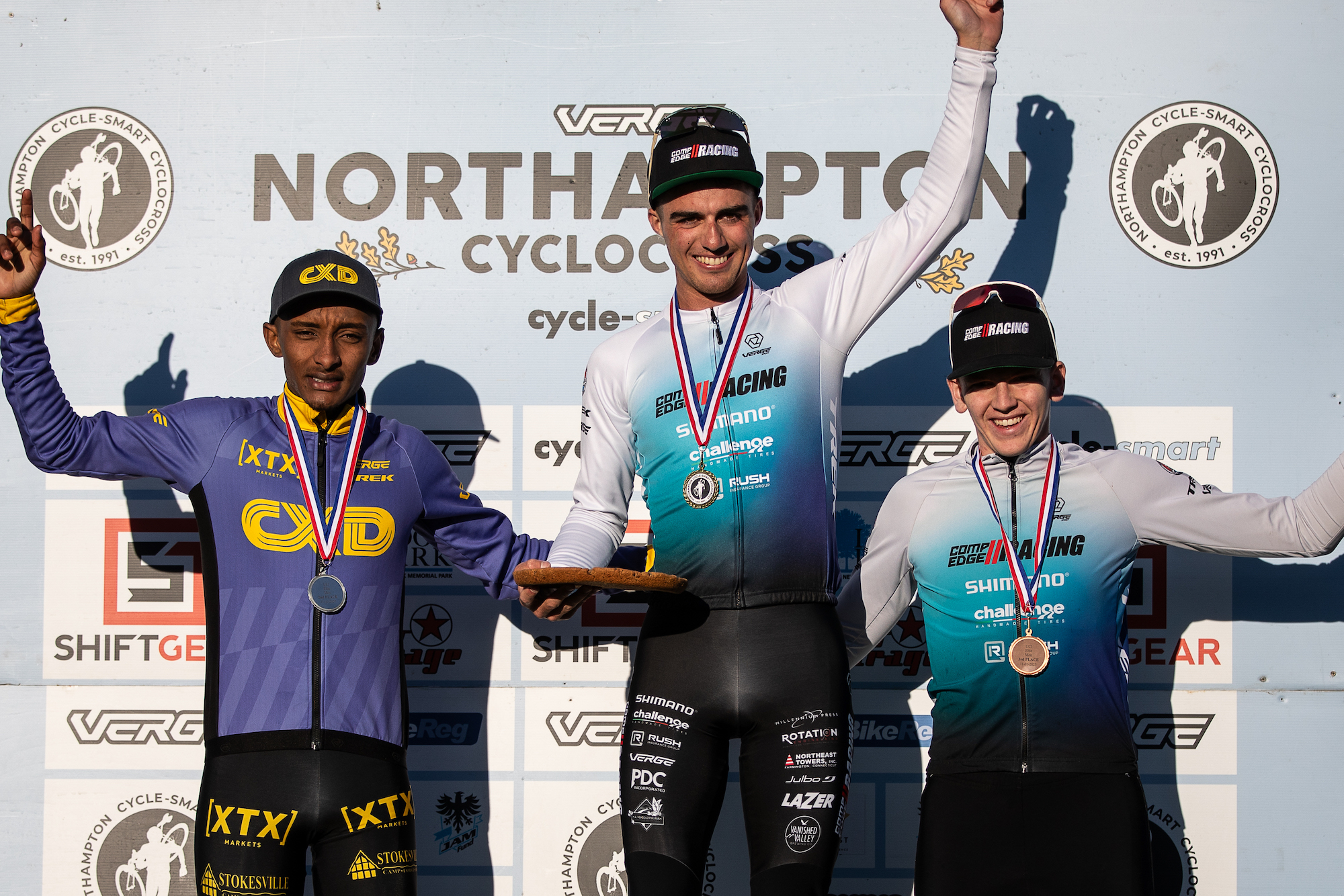 Northampton Cyclocross men&amp;rsquo;s podium day one: second place Tofik Beshir (CXD Trek Bikes), winner Dylan Zakrajsek (Competitive Edge Racing) and third place Ryan Drummond (Competitive Edge Racing)