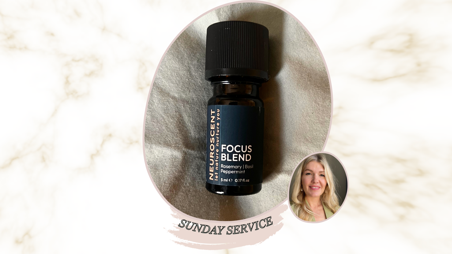 The Neuroscent Essential Oil Focus Blend pictured on a green backdrop beside an image of beauty editor Fiona McKim