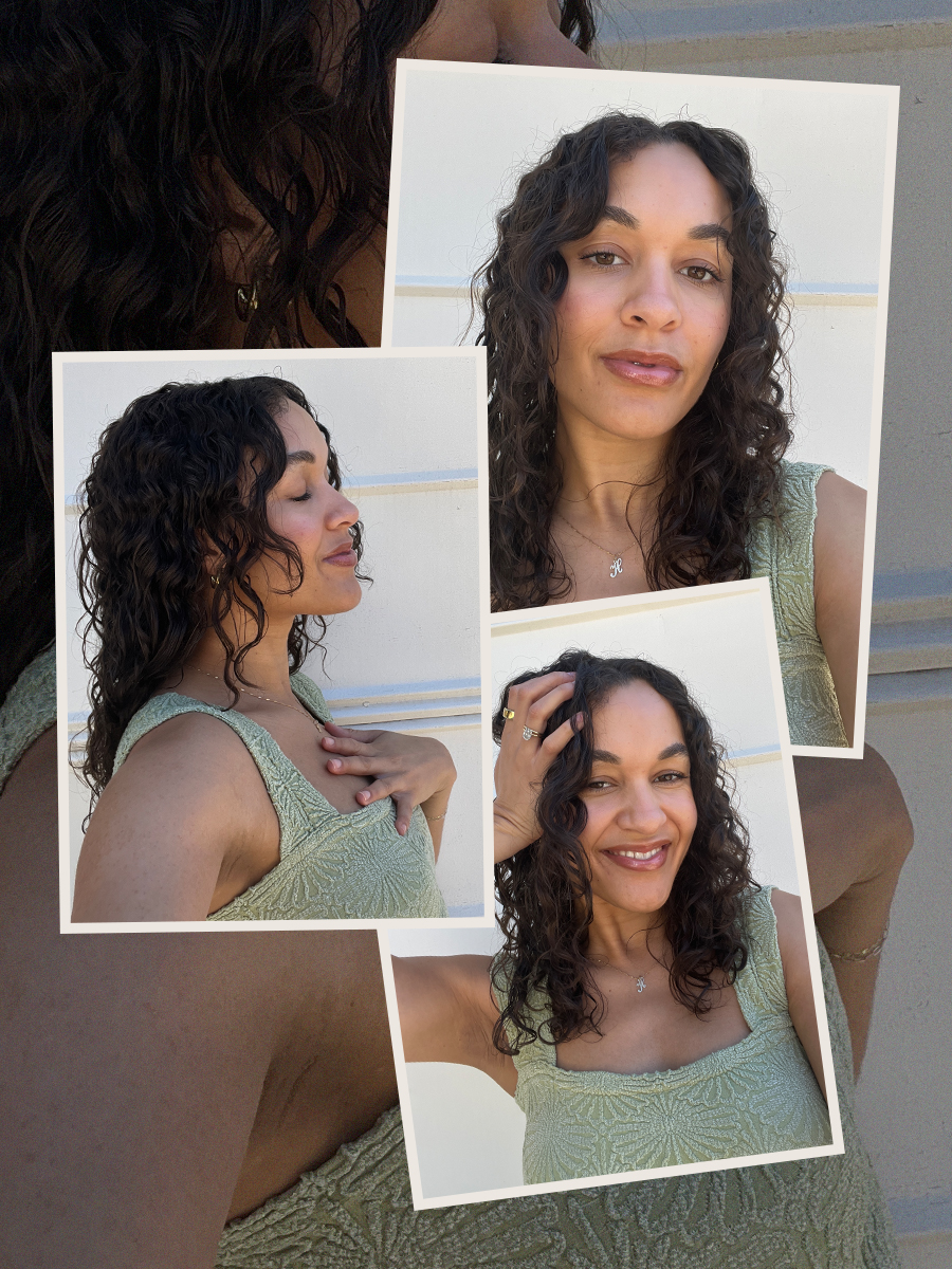 curly hair woman using aveda products