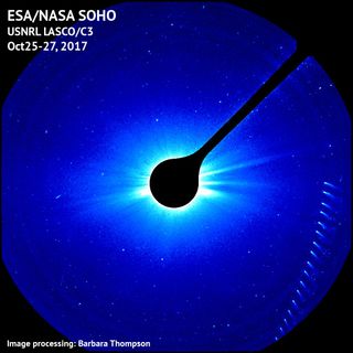 This composite image shows the approach of Comet 96P/Machholz around the sun between Oct. 25 and 27 as seen by the NASA/ESA Solar and Heliospheric Observatory in space. The comet is making its fifth trip around the sun in 2017 that SOHO has witnessed.