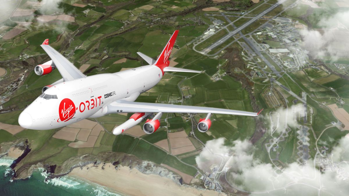 Virgin Orbit&#039;s Boeing 747 Cosmic Girl above the coast of Cornwall as envisioned by an artist.