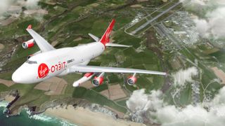 Virgin Orbit's Boeing 747 Cosmic Girl above the coast of Cornwall as envisioned by an artist.