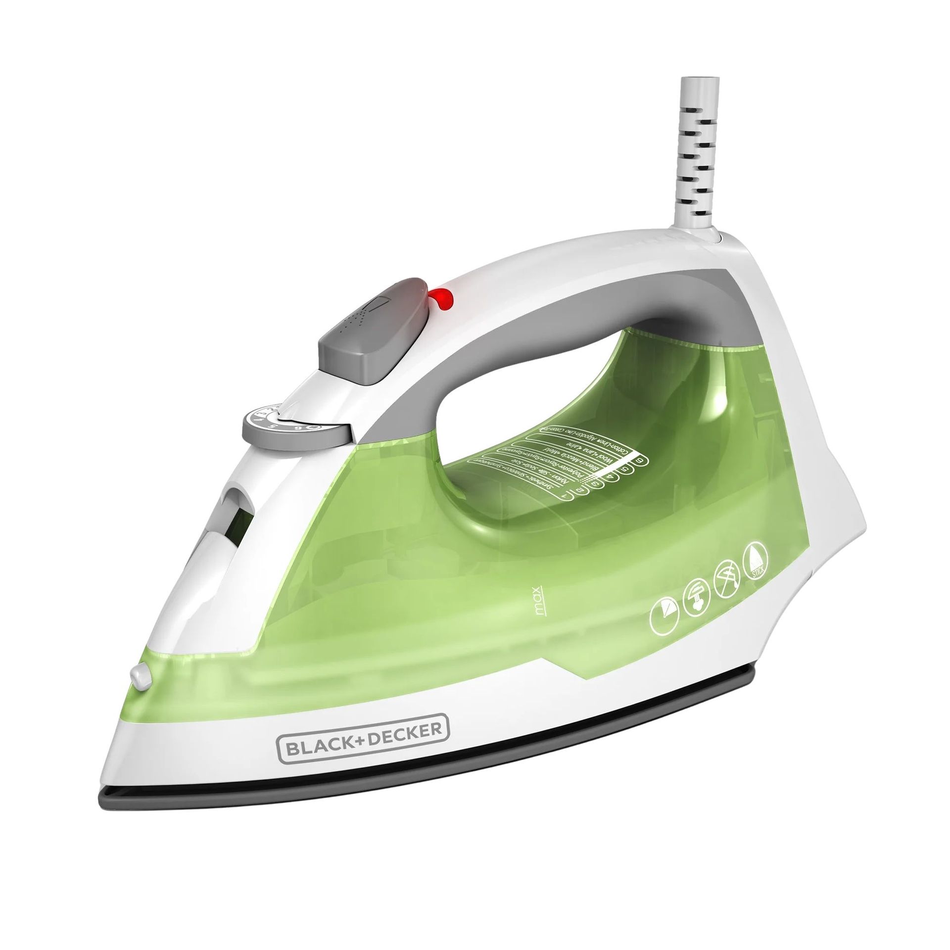 A green and white corded iron