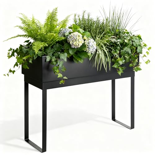 Worth Raised Metal Planter Box With Legs, 28" Elevated Garden Bed for Indoor &amp;amp; Outdoor Use &amp;ndash; Matte Black Galvanized Steel Planter With Inner Shelf, Drainage Hole &amp;amp; Plug for Vegetables, Flowers &amp;amp; Herbs