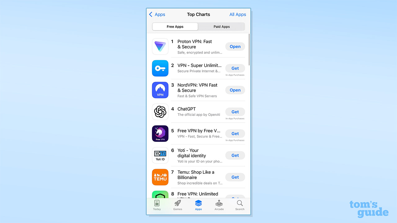Screenshot of most popular free apps on the UK App Store