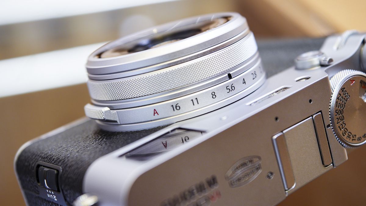 Close up of the lens of the Fujifilm X100VI