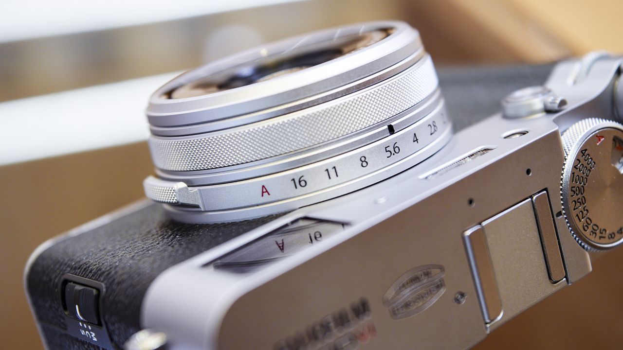 Close up of the lens of the Fujifilm X100VI