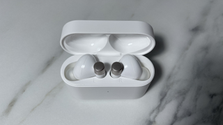 A top-down view of white and silver PistonBuds Pro Q30 earbuds in their open case.