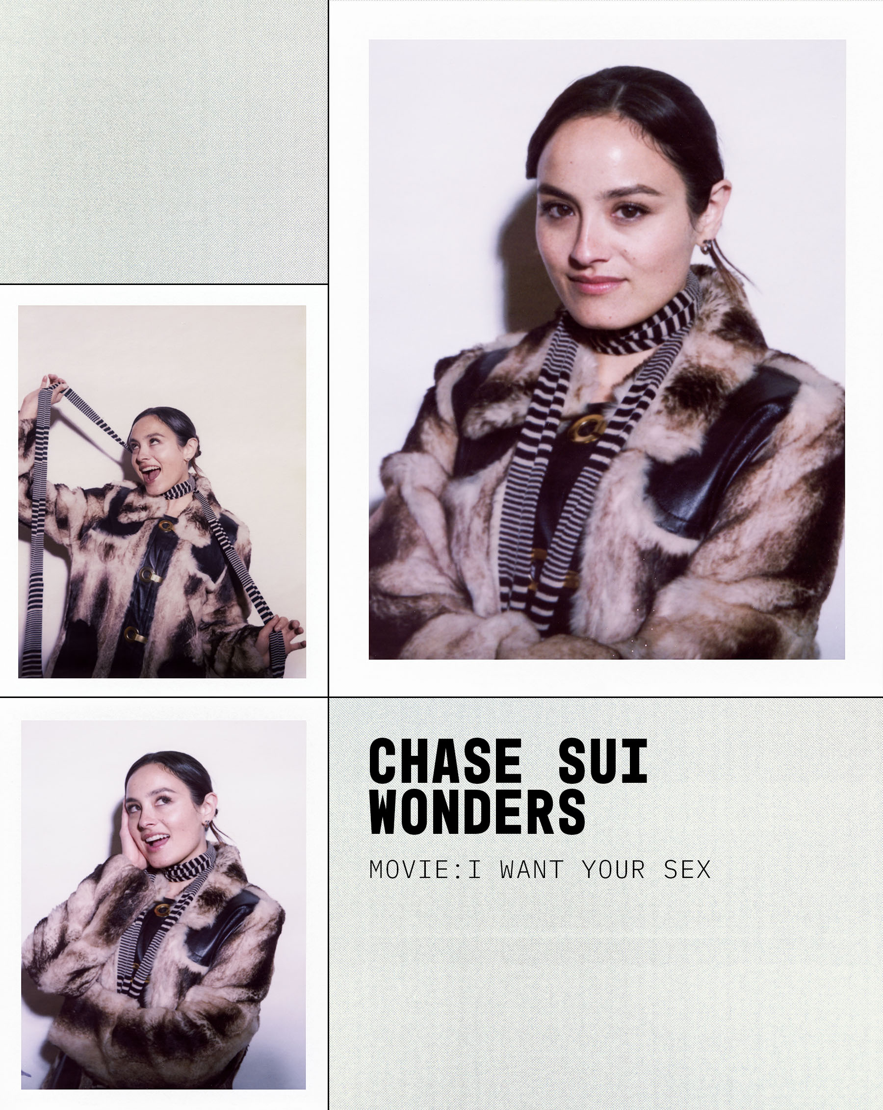 Polaroid portraits from theBest Knockoff Luxury Clothing
 and Free People Sundance Studio. Chase Sui Wonders is wearing a furry jacket and striped skinny scarf.